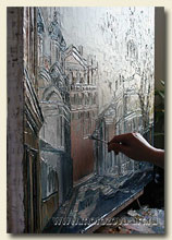 Образец корпусной живописи; хорошо видны густые мазки и объёмные плоскости выполненные масляной краской с помощью мастихинов.