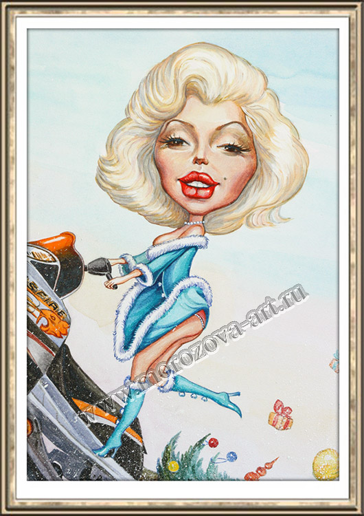 Шарж на Мэрлин Монро, Marilyn Monroe. Новогодняя поздравительная открытка для Мотосалона Байк Ленд. Акварель, бумага, размер 50 х 50см